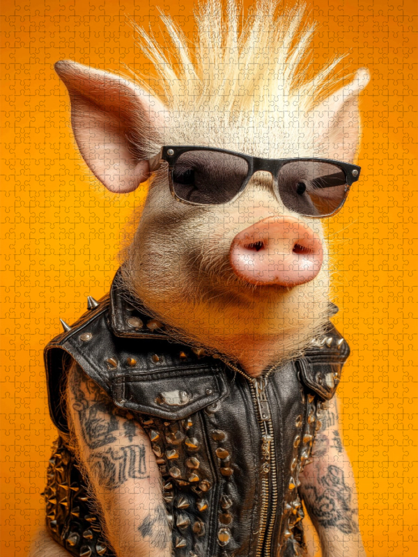 Cooles Punk Schwein mit Irokesenschnitt, Tattoos und Rocker-Lederweste