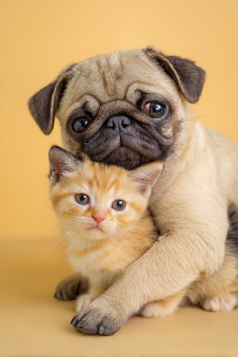 Mopswelpe umarmt Kätzchen – Tierische Freundschaft voller Liebe