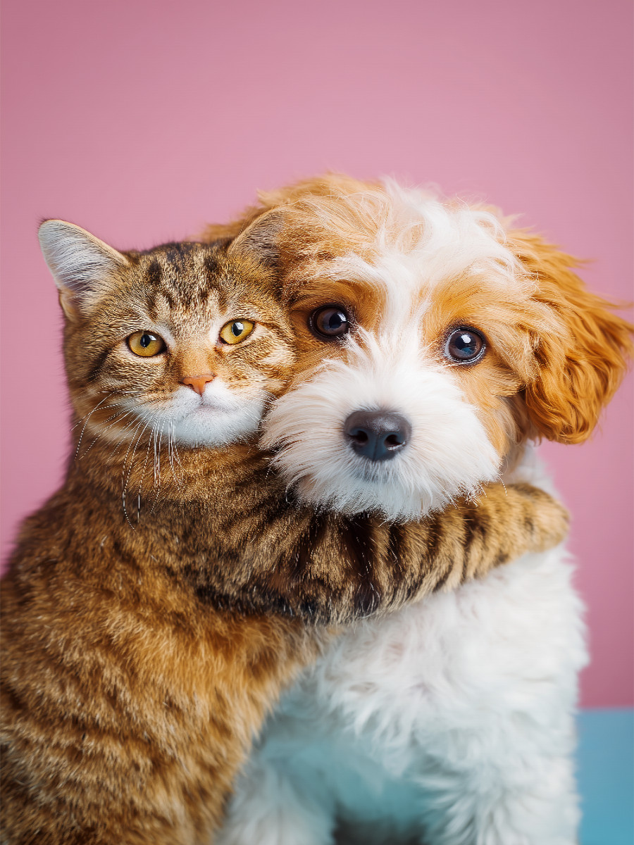 Hund und Katze in Freundschaft – Cockerpoo mit getigerter Katze