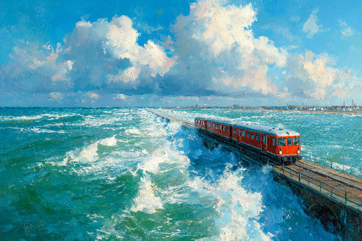 Zug über den Hindenburgdamm nach Sylt – Nordsee Kunst in Acryloptik