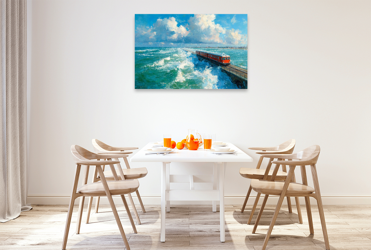Zug über den Hindenburgdamm nach Sylt – Nordsee Kunst in Acryloptik