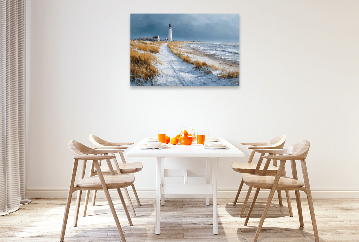 Leuchtturm am Winterstrand auf Sylt – Nordseeimpression in Acryloptik