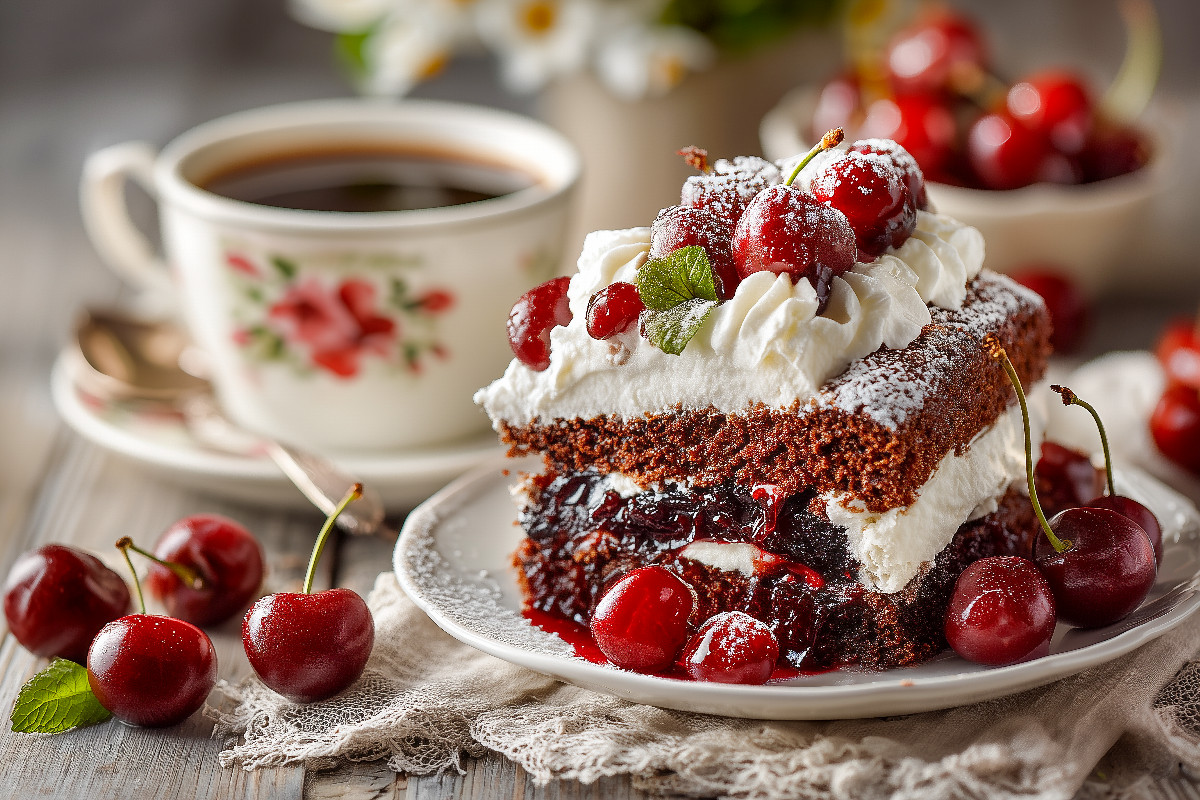 Schwarzwälder Kirschtorte Bild mit Kirschen und Kaffee