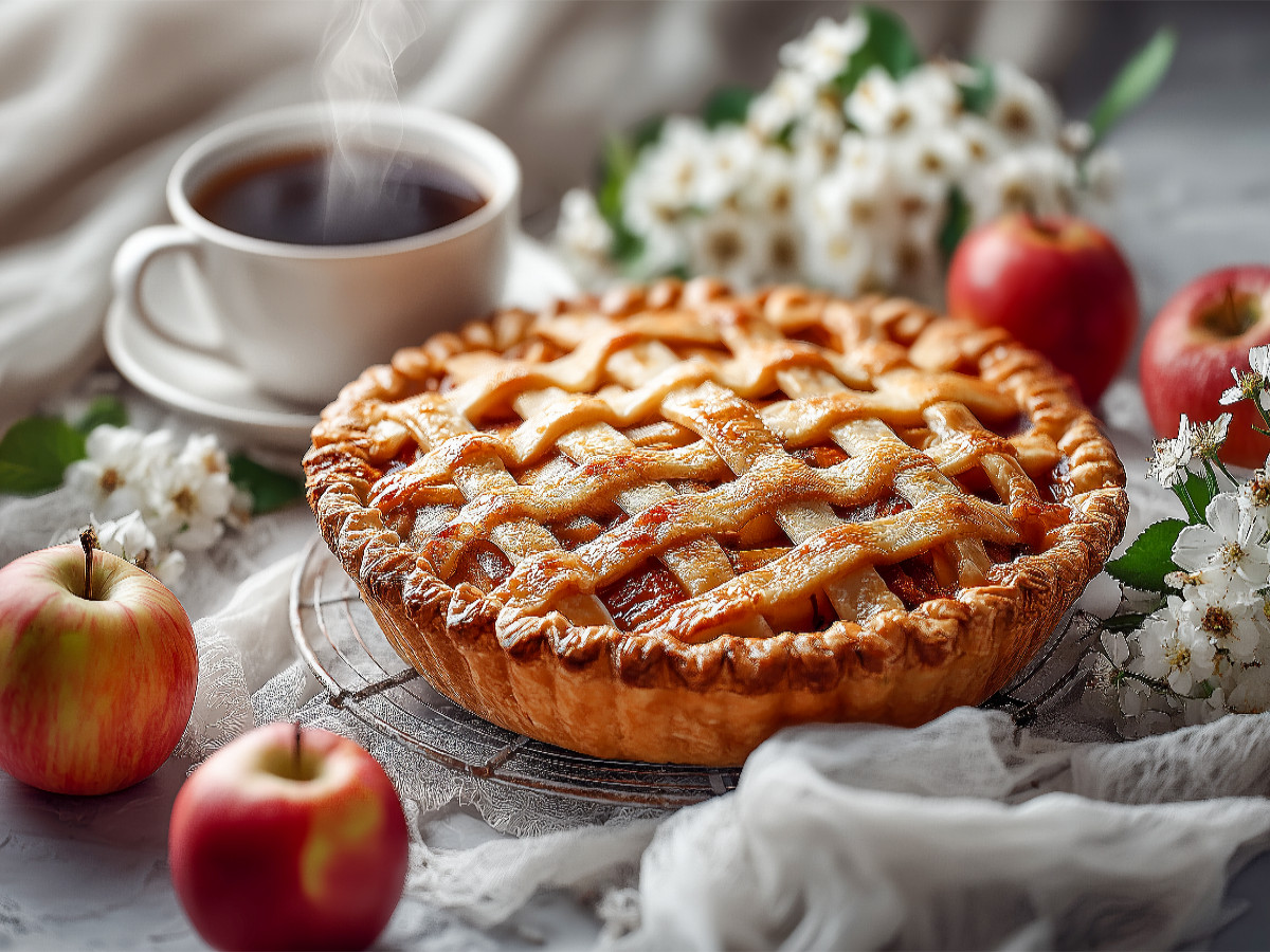 Apfelkuchen Bild mit Gitterteig und Kaffeetasse