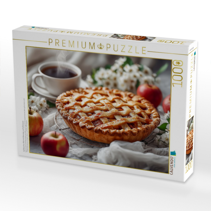 Apfelkuchen Bild mit Gitterteig und Kaffeetasse