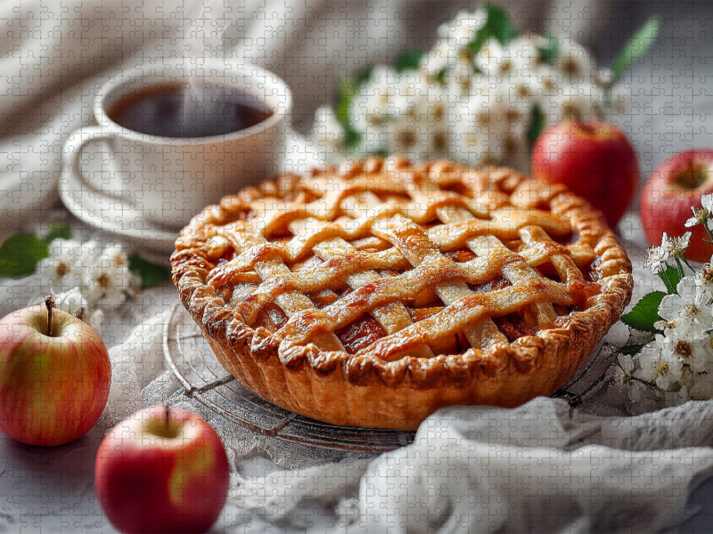 Apfelkuchen Bild mit Gitterteig und Kaffeetasse