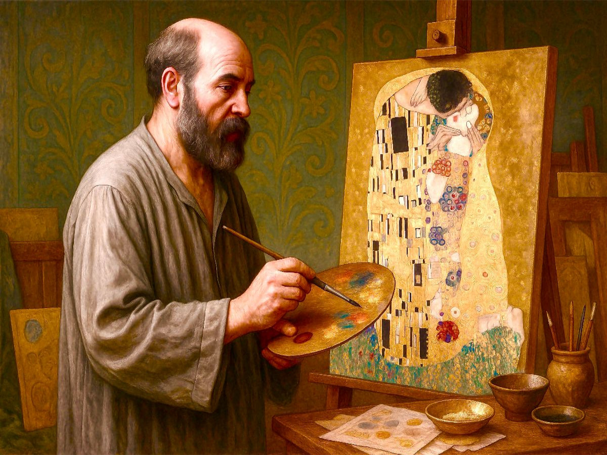 Gustav Klimt malt „Der Kuss“