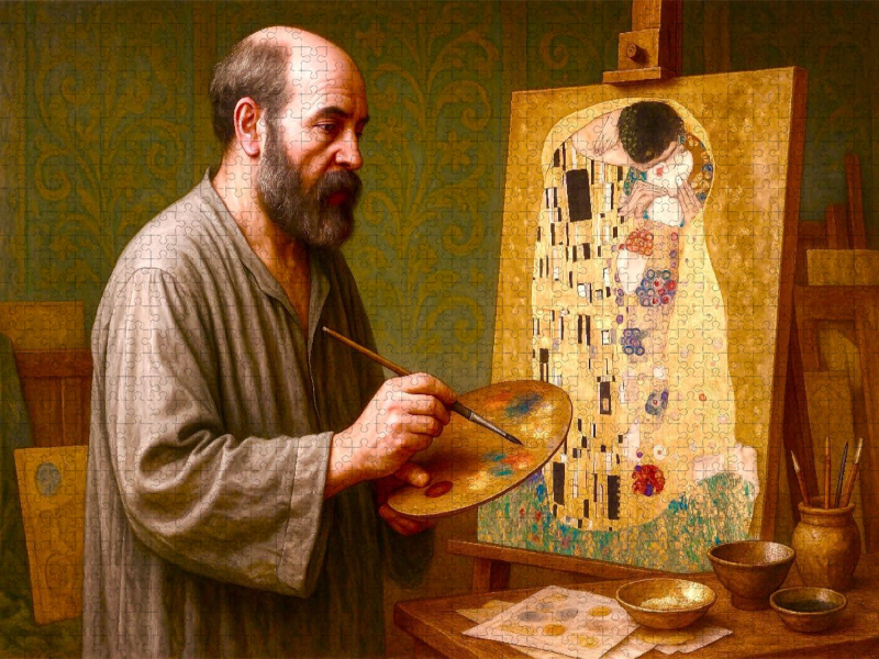 Gustav Klimt malt „Der Kuss“