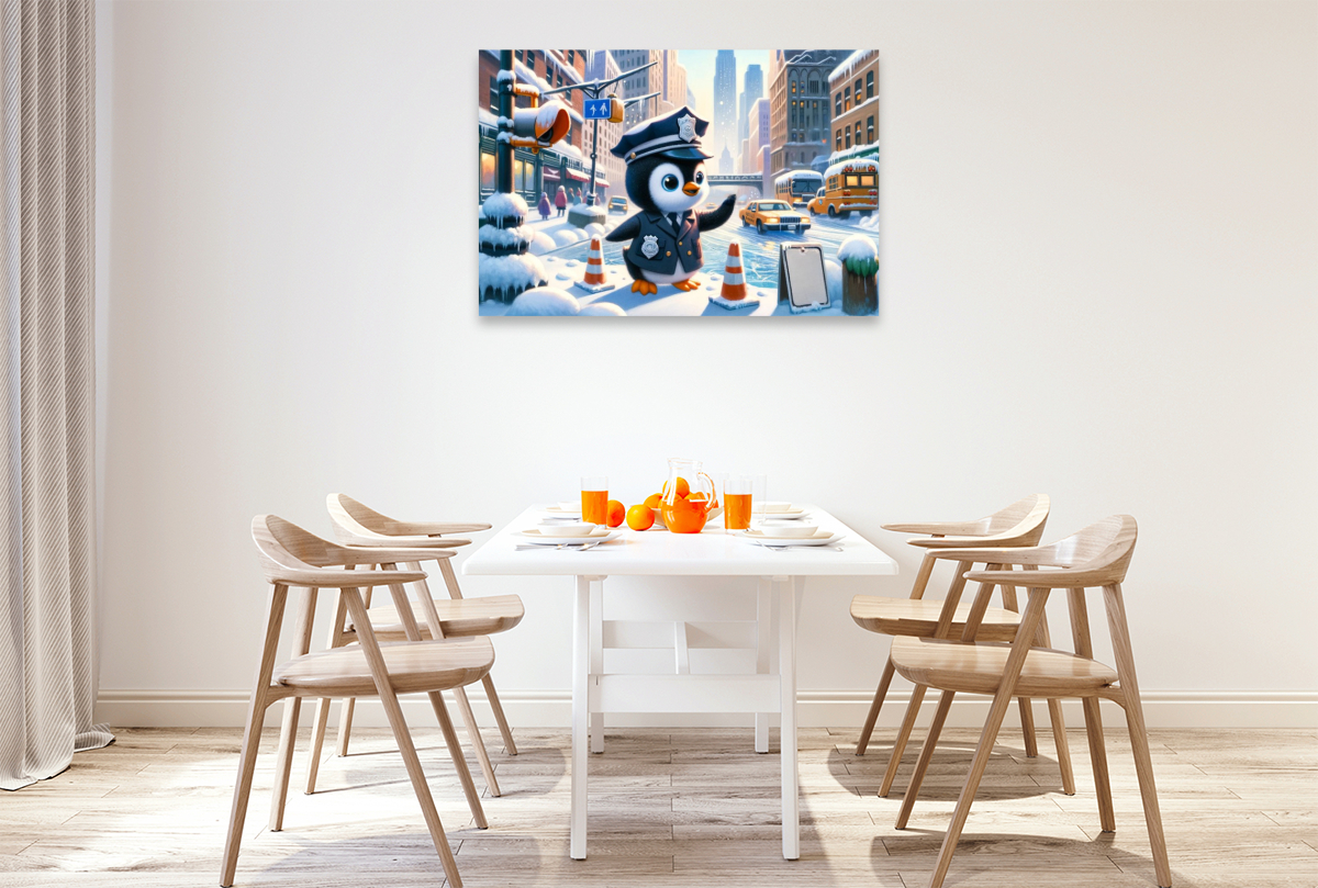 Wächter des Winters: Der Pinguin Polizeikommissar im verschneiten Stadtzentrum