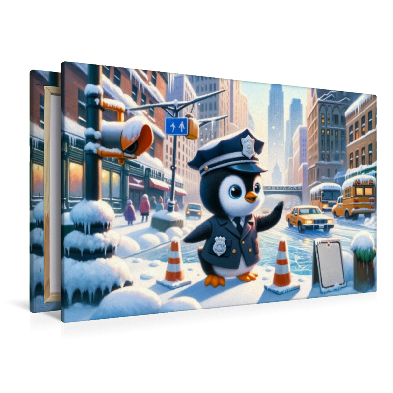 Wächter des Winters: Der Pinguin Polizeikommissar im verschneiten Stadtzentrum