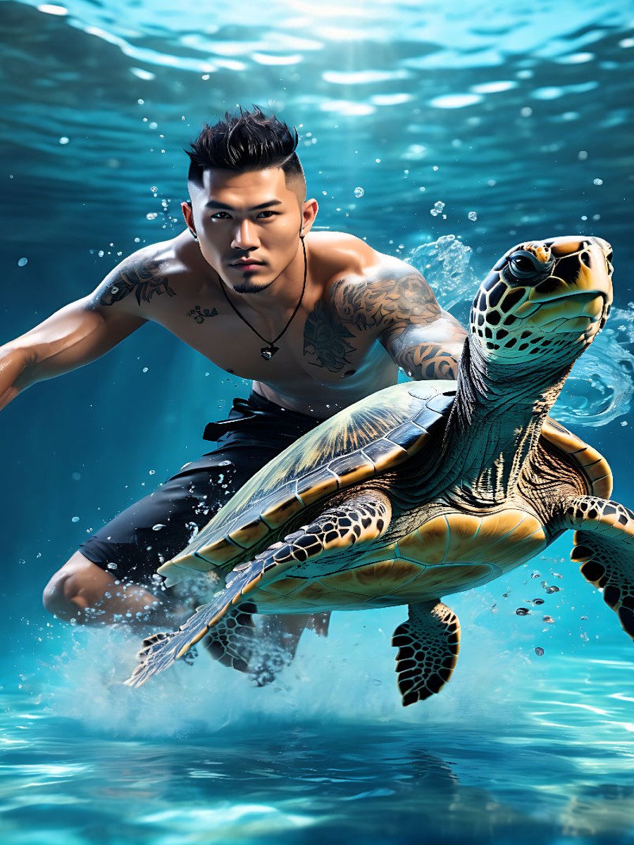 Asiatischer Mann taucht mit einer Wasserschildkröte