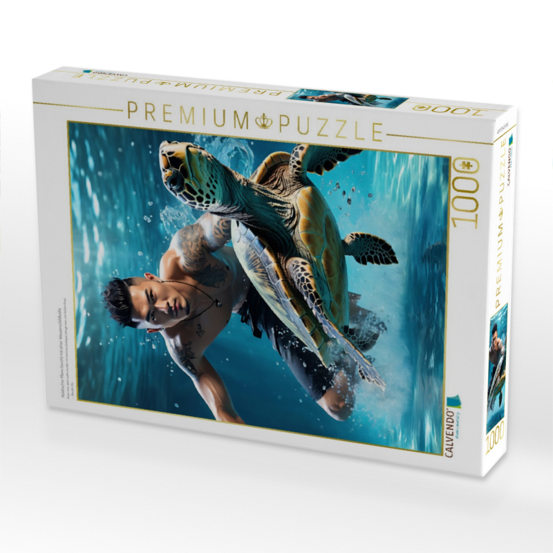 Asiatischer Mann taucht mit einer Wasserschildkröte