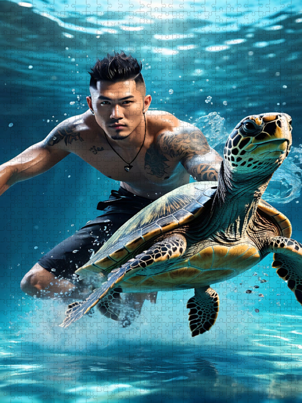 Asiatischer Mann taucht mit einer Wasserschildkröte