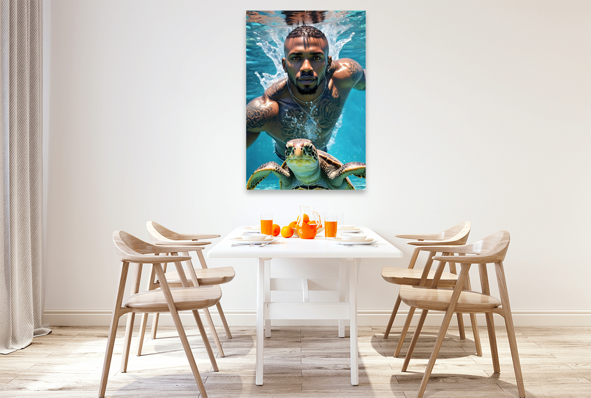 Athletischer Schwimmer mit Wasserschildkröte