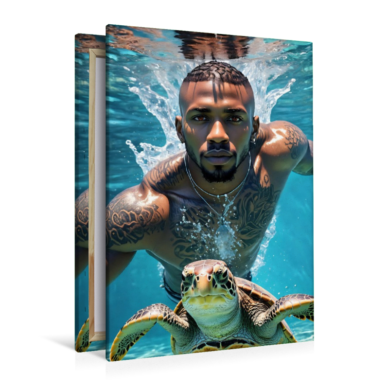 Athletischer Schwimmer mit Wasserschildkröte