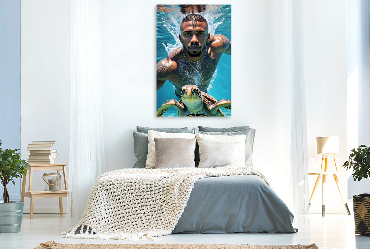 Athletischer Schwimmer mit Wasserschildkröte