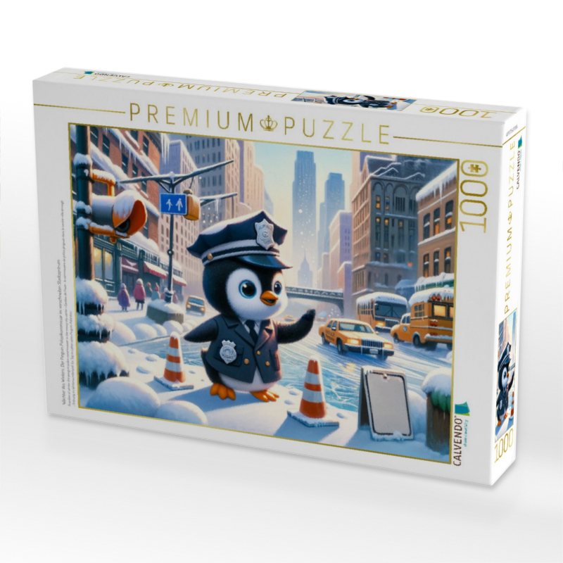 Wächter des Winters: Der Pinguin Polizeikommissar im verschneiten Stadtzentrum