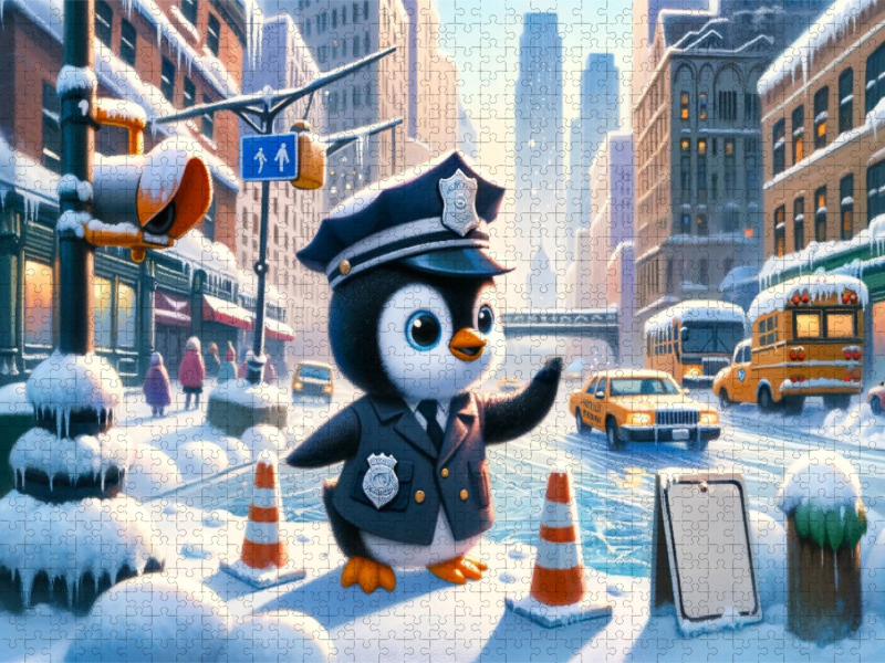 Wächter des Winters: Der Pinguin Polizeikommissar im verschneiten Stadtzentrum