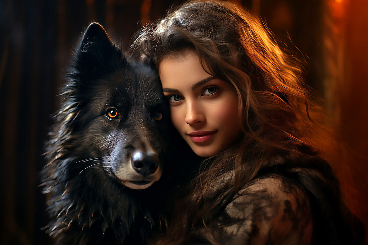 Junge Frau mit schwarzem Wolf