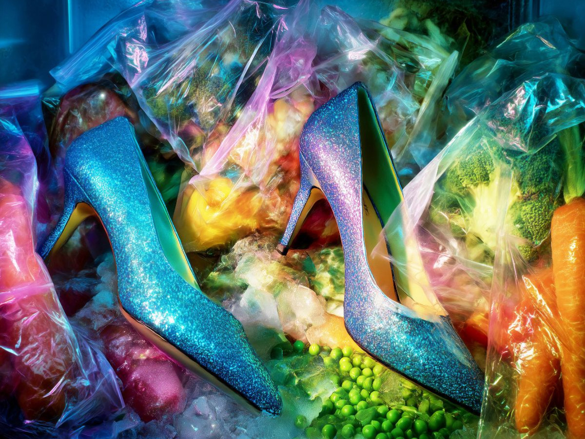 Glitzernde High Heels in der Tiefkühltruhe