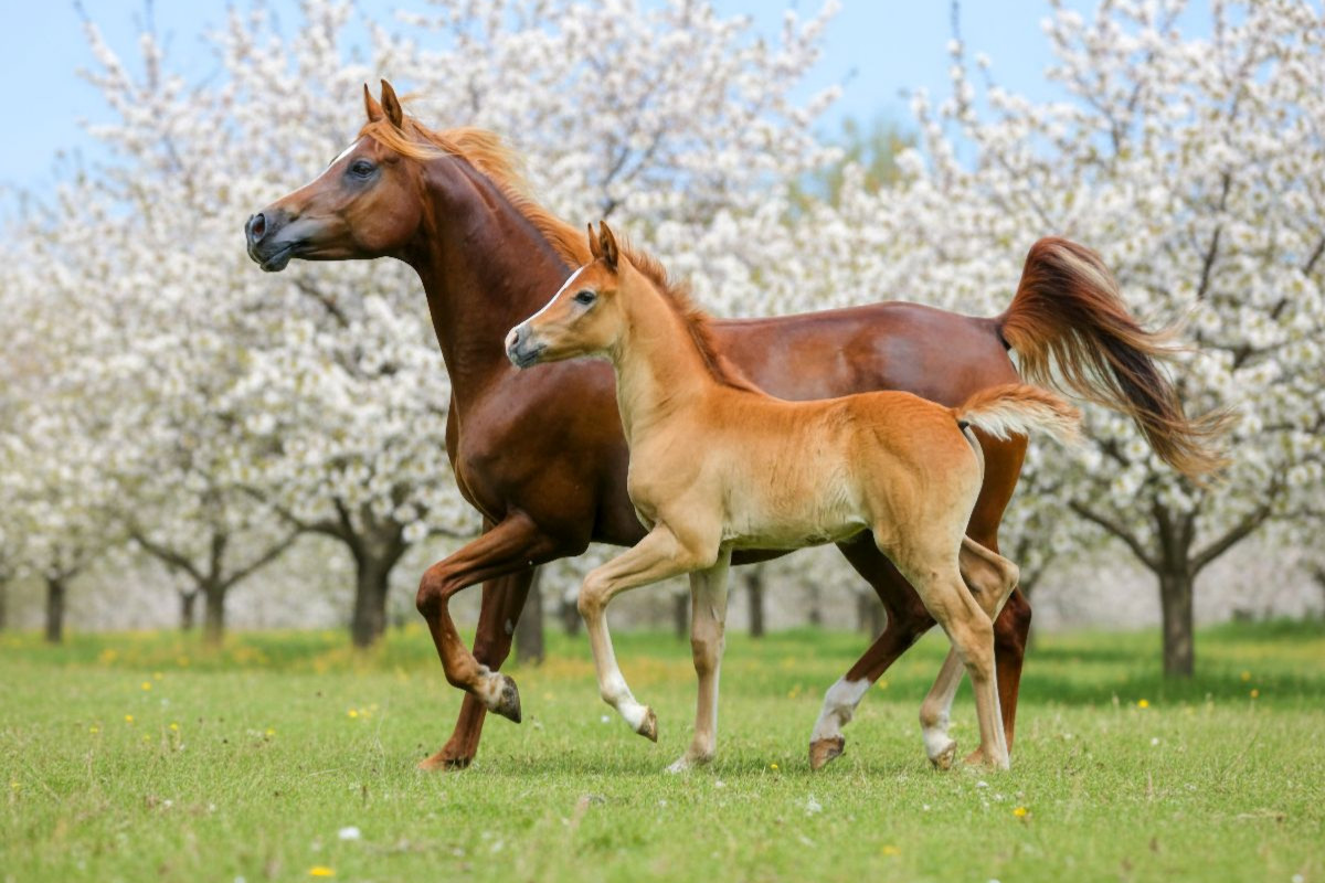 Araberstute und Fohlen in synchronem Trab