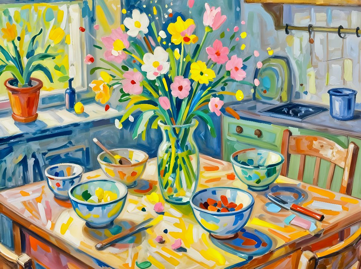 Farbenstrauß - Tisch mit Blumenstrauß