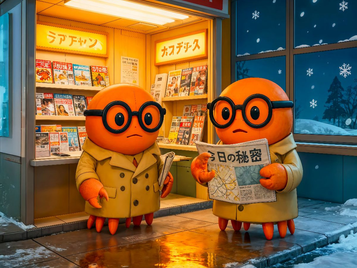 Agentenkrabbe in Japans quirligem Zeitungskiosk‑Abenteuer