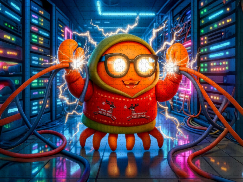 KI‑Agentenkrabbe im geheimnisvollen Serverraum voller Energie