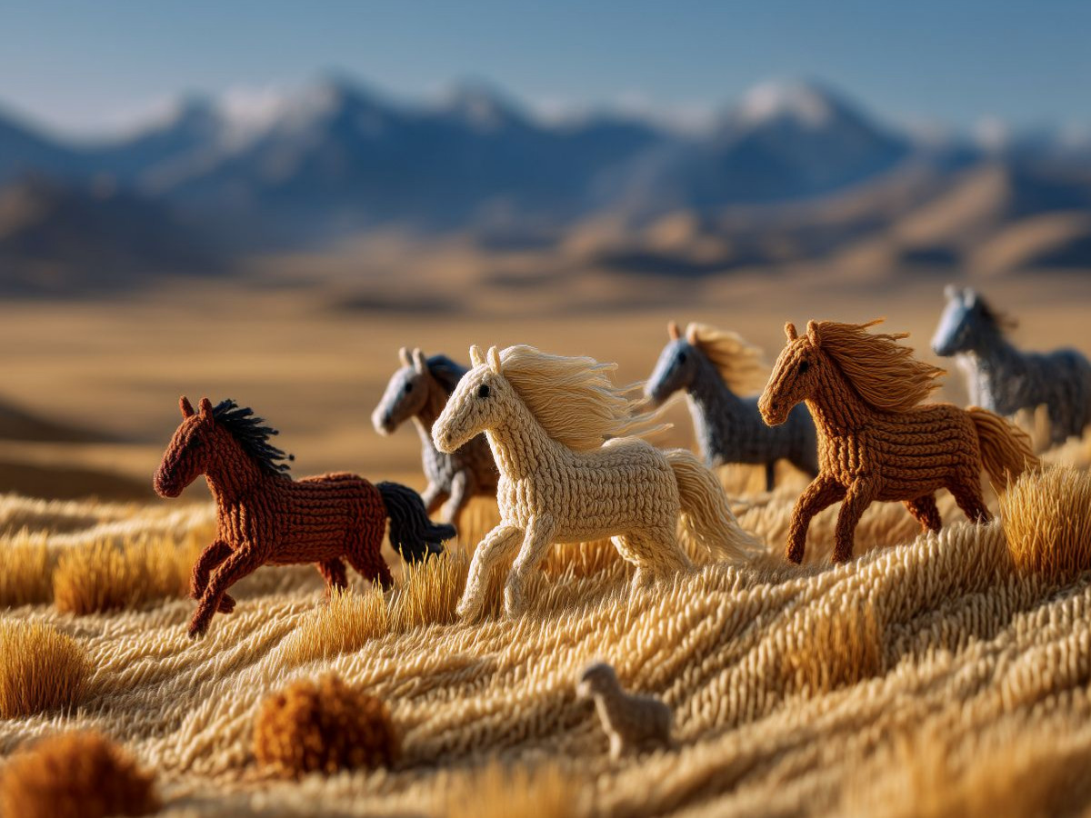 Eurasische Steppe mit Wildpferden aus Wolle