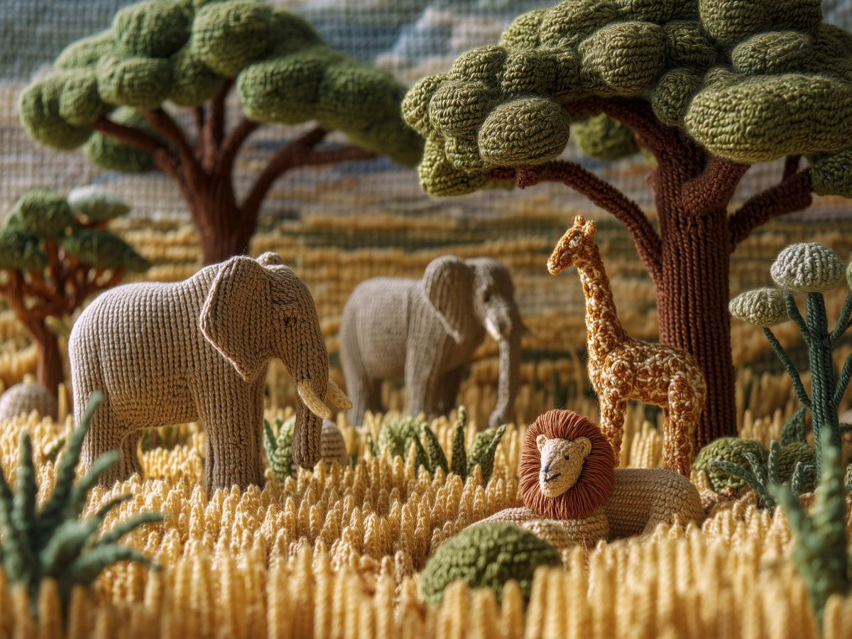 Afrikanische Savanne mit Elefanten, Giraffe und Löwe