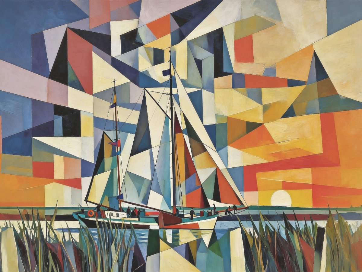 Plattboden-Zweimaster vor untergehender Sonne