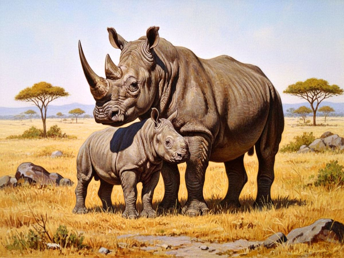 Nashorn mit Jungtier als Gemälde