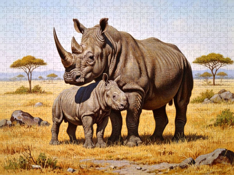 Nashorn mit Jungtier als Gemälde