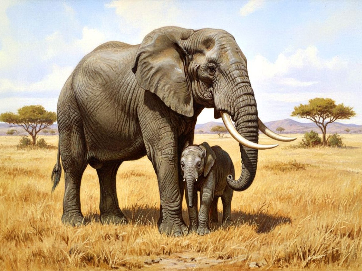 Elefant mit Jungtier als Gemälde