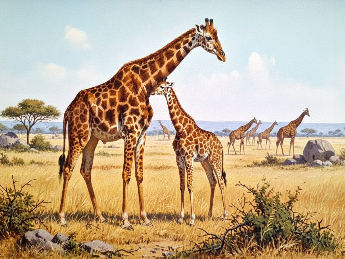 Giraffe und Kind als Gemälde