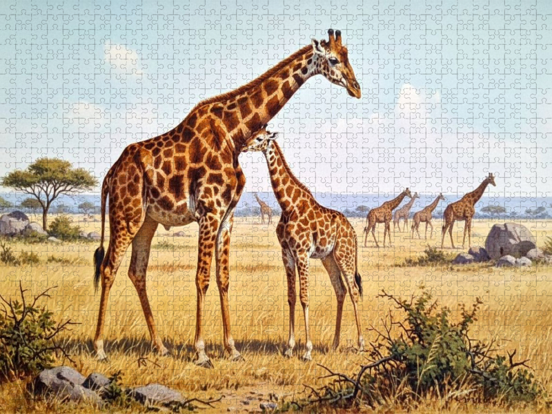 Giraffe und Kind als Gemälde