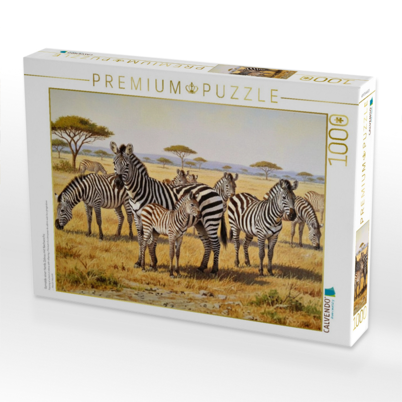 Gemälde einer Herde Zebras mit Nachwuchs