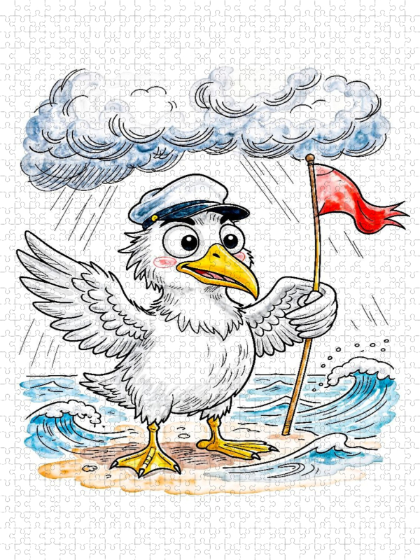 Comic‑Möwe mit Windfahne am Meer - Windmesser im Sturm