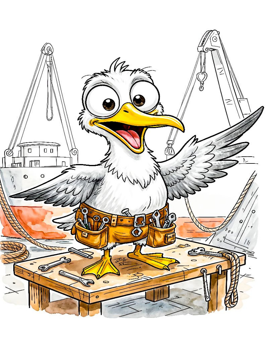 Comic‑Möwe als Werft‑Handwerker am Meer
