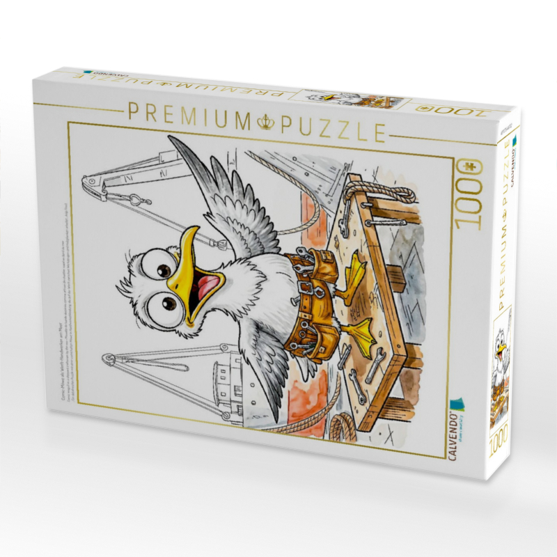 Comic‑Möwe als Werft‑Handwerker am Meer