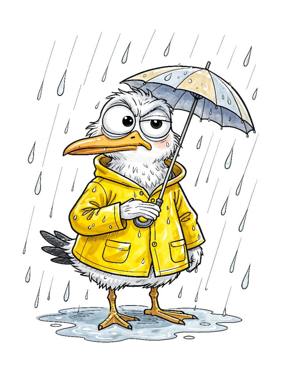 Comic‑Möwe im Ostfriesennerz im Küstenregen