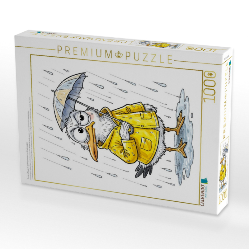 Comic‑Möwe im Ostfriesennerz im Küstenregen