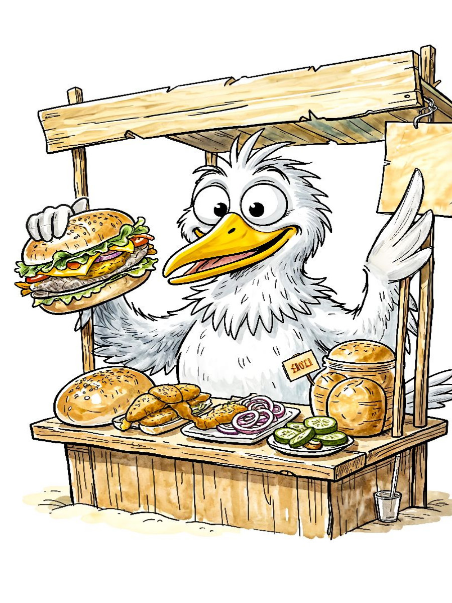 Comic‑Möwe am Fischbrötchenstand an der Küste