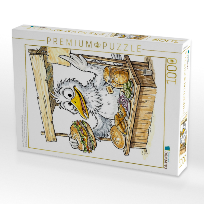 Comic‑Möwe am Fischbrötchenstand an der Küste