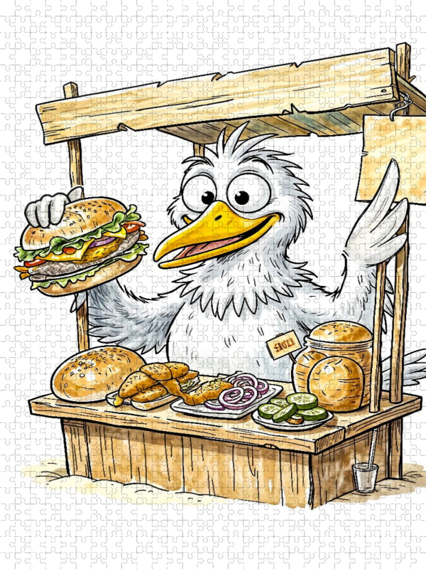 Comic‑Möwe am Fischbrötchenstand an der Küste