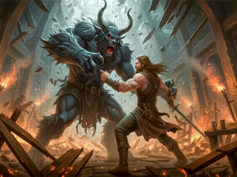 Beowulf kämpft nachts gegen das Monster Grendel