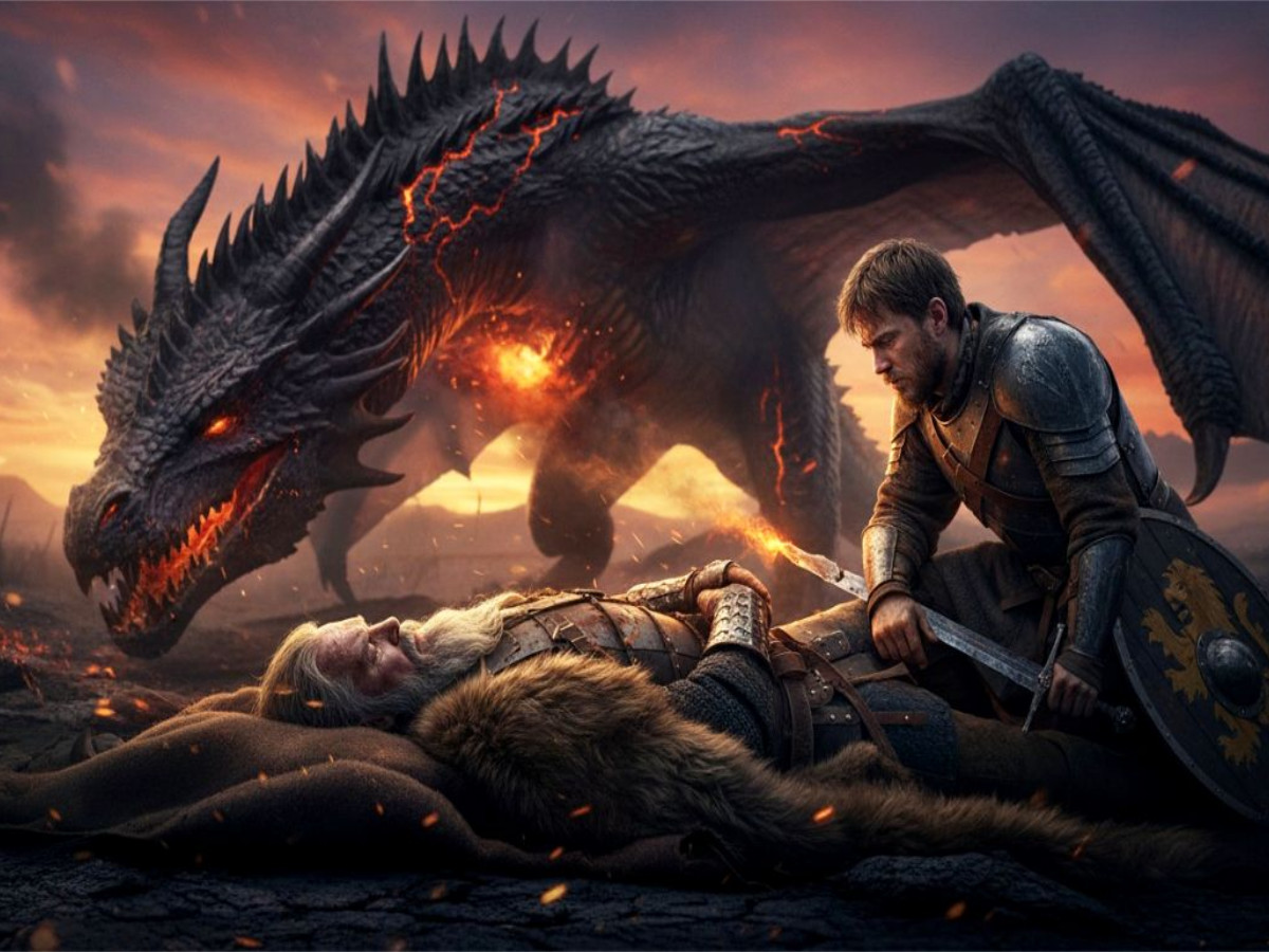 Beowulf stirbt nach dem Sieg über Drachen