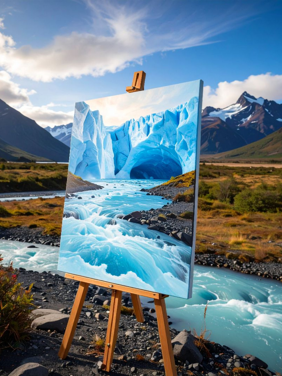 Gletscherfantasie - Staffelei am eisigen Fluss