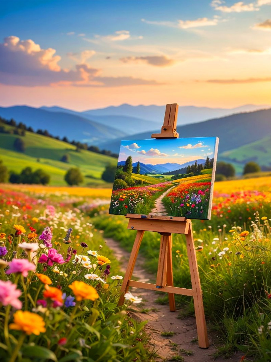 Sommerblumen und Staffelei im Feld