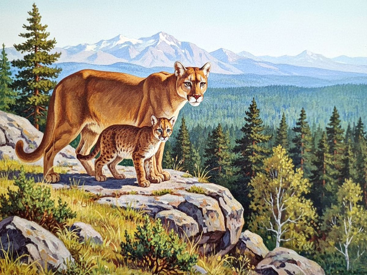 Puma mit Jungtier auf den Felsen